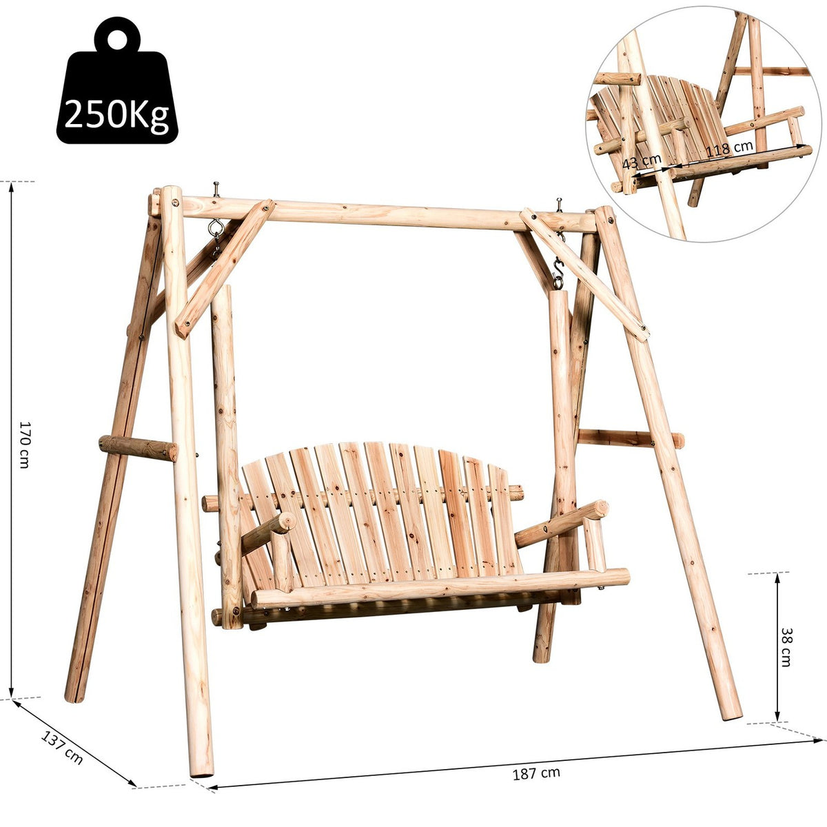 Hollywood Swing 2-Seater Garden Swing Swing Bench Hanging Bench Solid Wood Natural 187 X 137 X 170 Cm