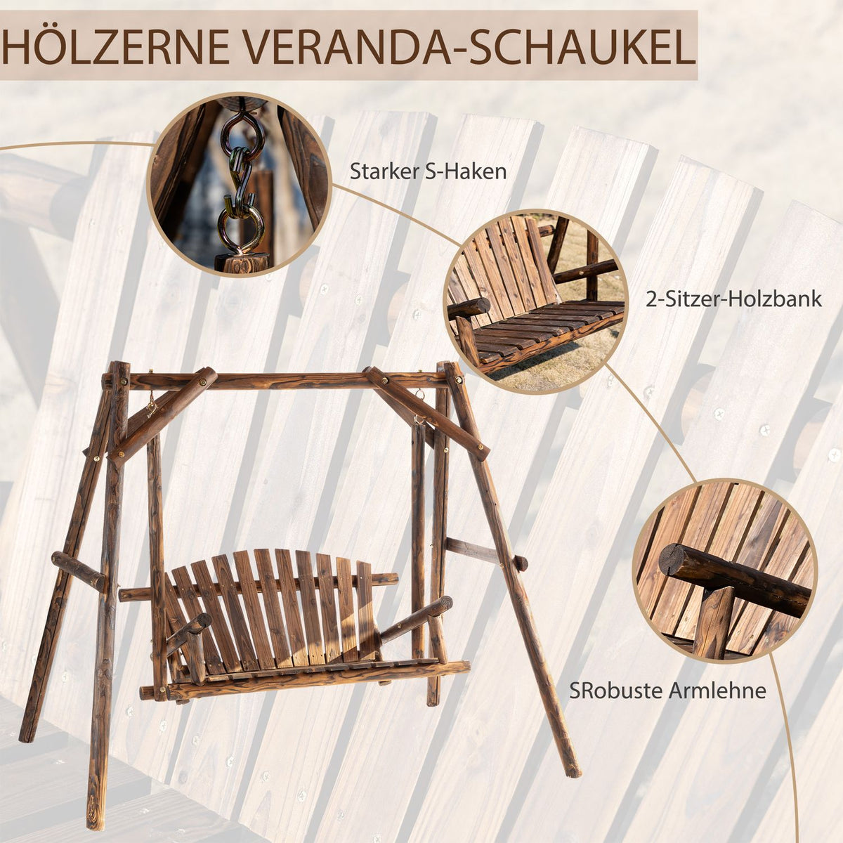 Hollywood Swing 2-Seater Garden Swing Swing Bench Hanging Bench Solid Wood Natural 187 X 137 X 170 Cm