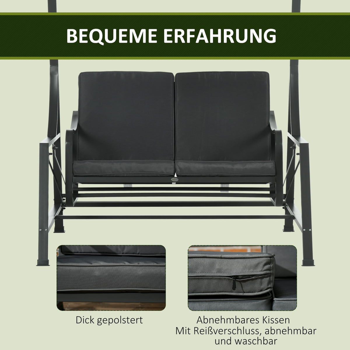 Hollywood Swing, 2-Seater Garden Swing, Swing Bench With Adjustable Sun Canopy, Seat Cushion, Dark Gray, Steel, 148 X 129 X 172 Cm