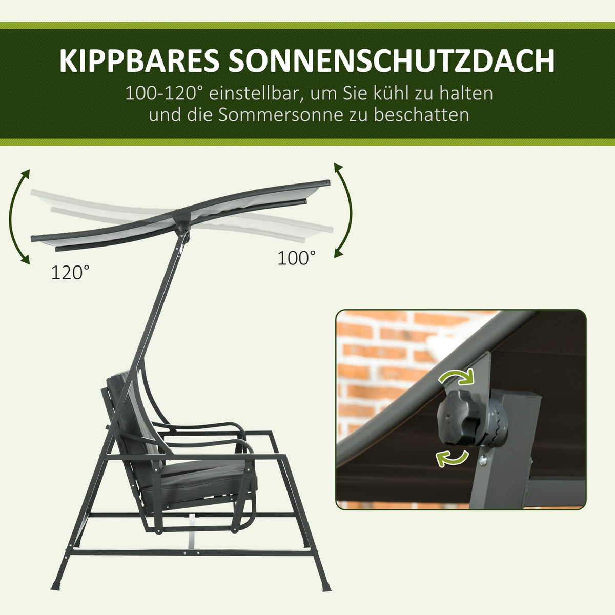Hollywood Swing, 2-Seater Garden Swing, Swing Bench With Adjustable Sun Canopy, Seat Cushion, Dark Gray, Steel, 148 X 129 X 172 Cm