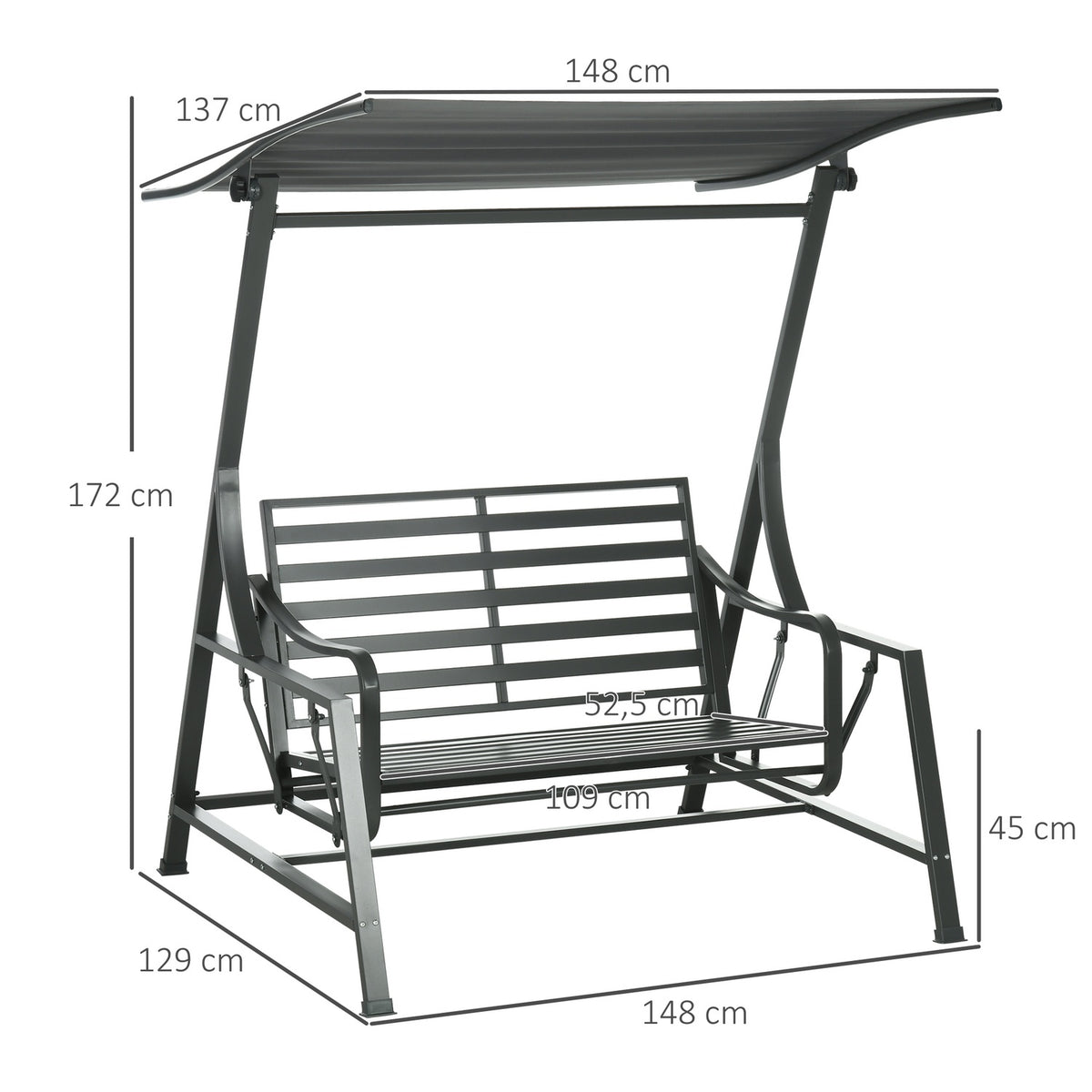 Hollywood Swing, 2-Seater Garden Swing, Swing Bench With Adjustable Sun Canopy, Seat Cushion, Dark Gray, Steel, 148 X 129 X 172 Cm