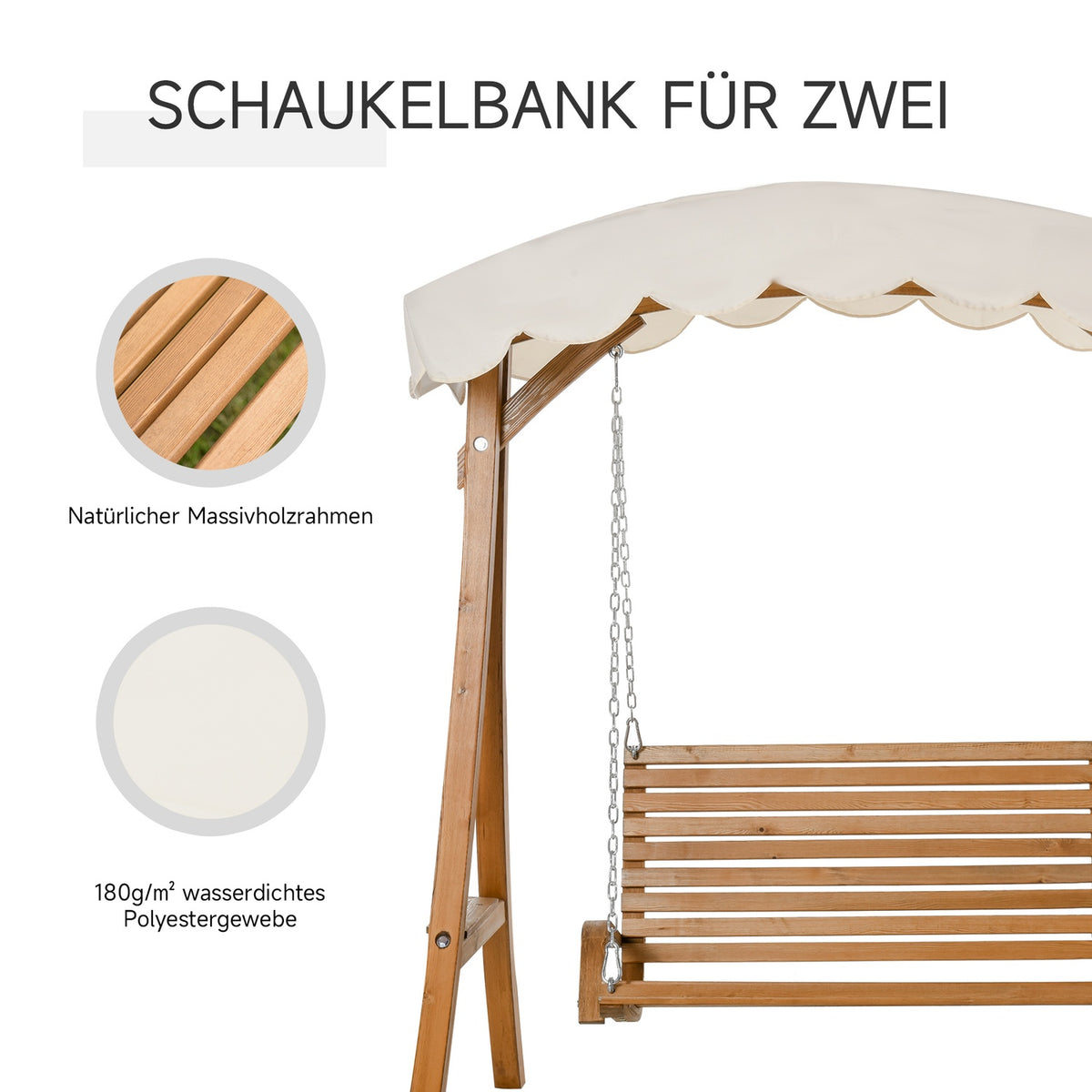 Hollywood Swing, 2-Seater Garden Swing, Swing Bench With Sun Canopy, Larch Wood, Cream White, 170 X 135 X 170 Cm
