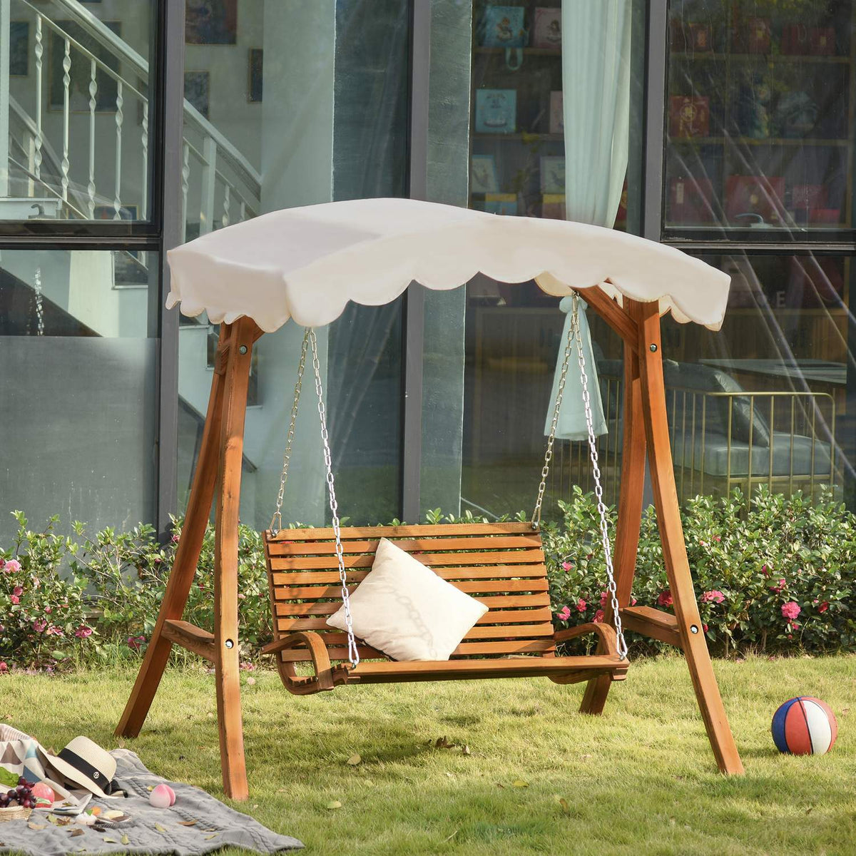 Hollywood Swing, 2-Seater Garden Swing, Swing Bench With Sun Canopy, Larch Wood, Cream White, 170 X 135 X 170 Cm