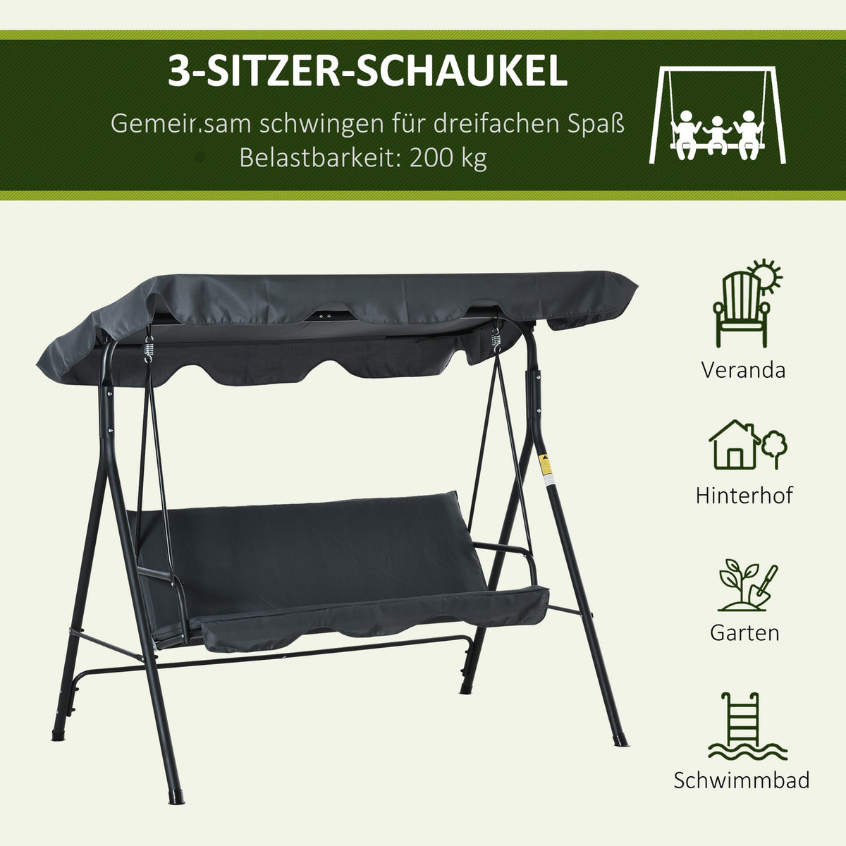 Hollywood Swing 3-Seater Comfortable Swing Bench With Roof, Steel Construction, Gray & Black, 172X110X153Cm