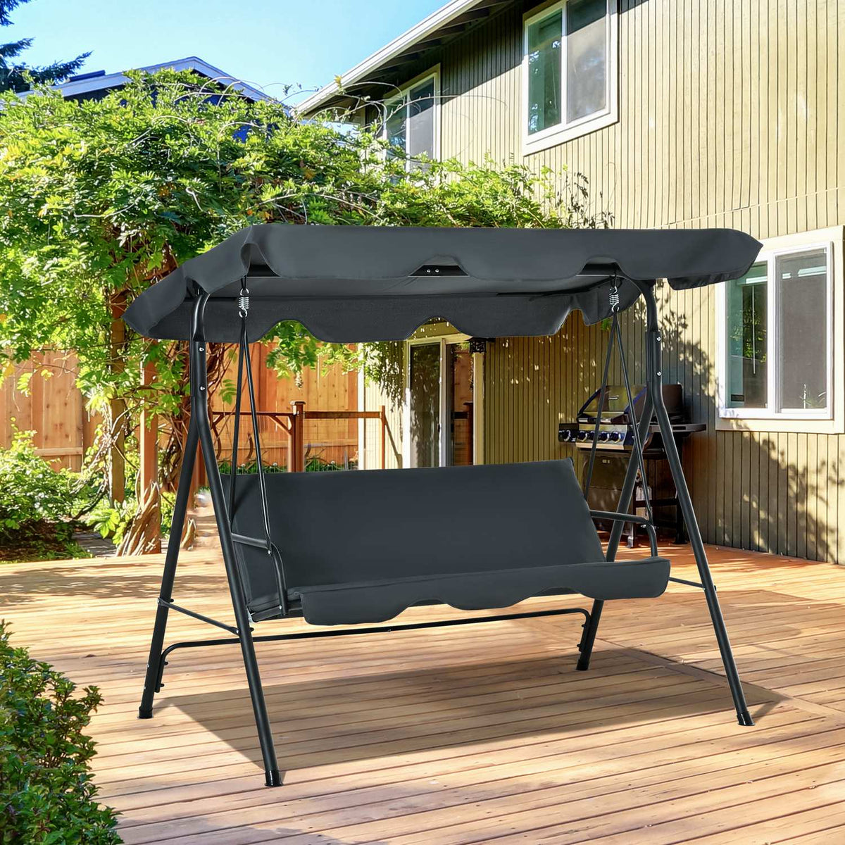 Hollywood Swing 3-Seater Comfortable Swing Bench With Roof, Steel Construction, Gray & Black, 172X110X153Cm