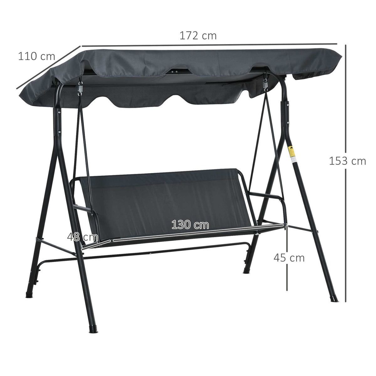 Hollywood Swing 3-Seater Comfortable Swing Bench With Roof, Steel Construction, Gray & Black, 172X110X153Cm