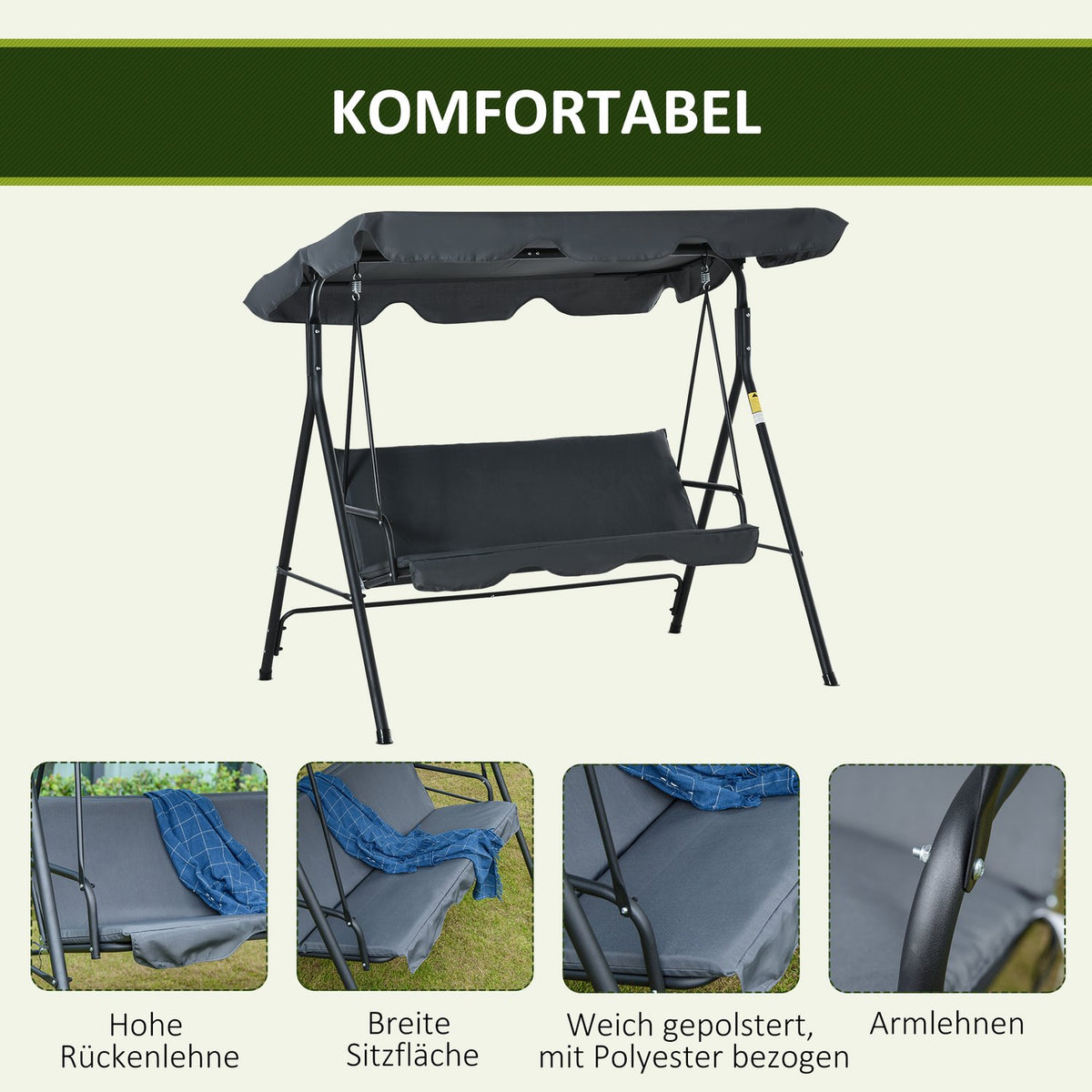 Hollywood Swing 3-Seater Comfortable Swing Bench With Roof, Steel Construction, Gray & Black, 172X110X153Cm