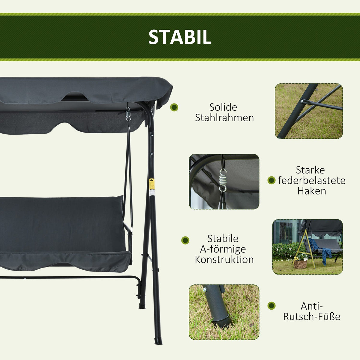 Hollywood Swing 3-Seater Comfortable Swing Bench With Roof, Steel Construction, Gray & Black, 172X110X153Cm