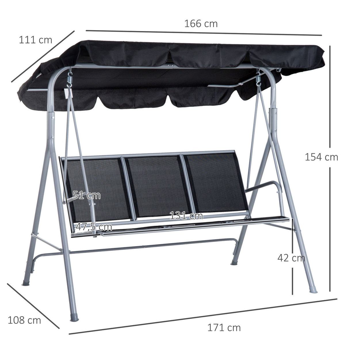 Hollywood Swing 3-Seater Elegant Garden Swing With Roof, Metal Frame, Black & Silver, 171X108X154Cm