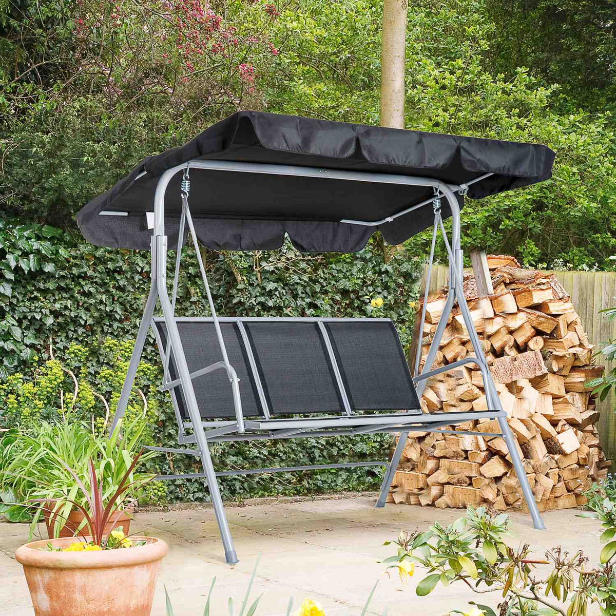 Hollywood Swing 3-Seater Elegant Garden Swing With Roof, Metal Frame, Black & Silver, 171X108X154Cm