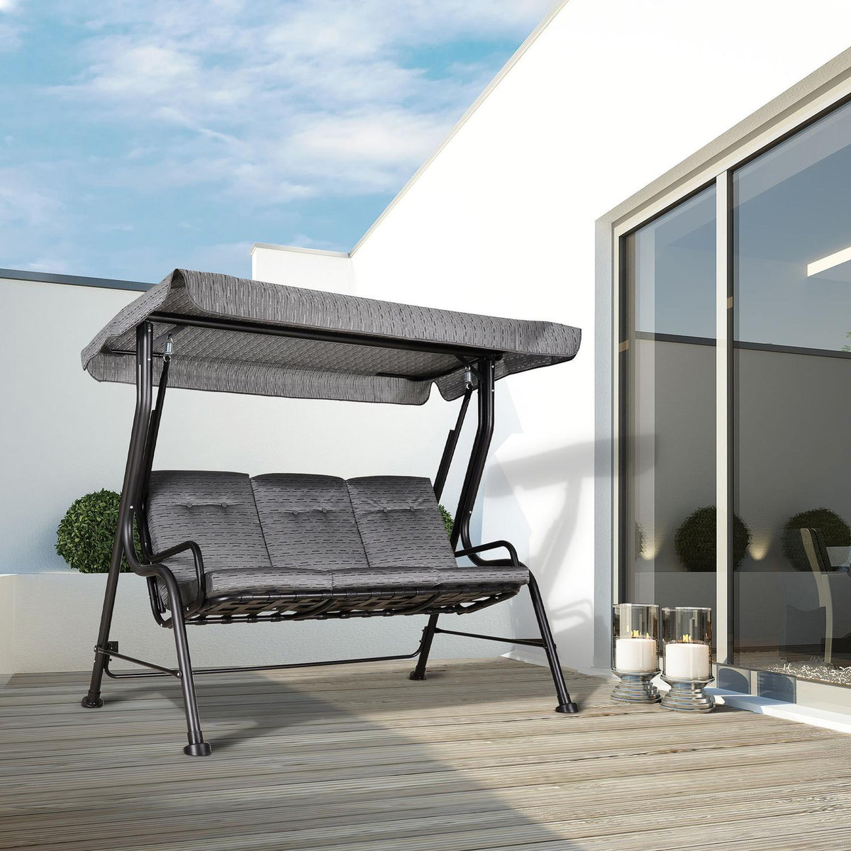 Hollywood Swing, 3-Seater Garden Swing, Adjustable Sun Canopy, Textline Gray 200 X 120 X 170 Cm