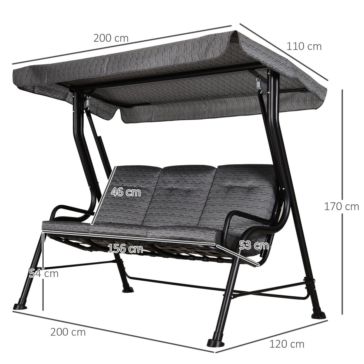 Hollywood Swing, 3-Seater Garden Swing, Adjustable Sun Canopy, Textline Gray 200 X 120 X 170 Cm