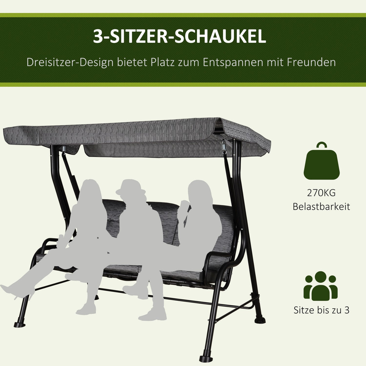 Hollywood Swing, 3-Seater Garden Swing, Adjustable Sun Canopy, Textline Gray 200 X 120 X 170 Cm