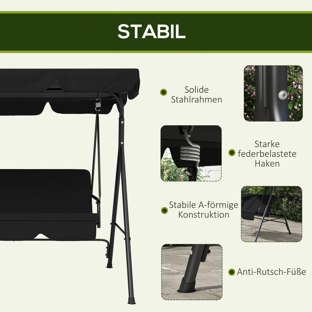 Hollywood Swing 3-Seater Garden Swing Bench With Adjustable Roof Steel Black 172 X 110 X 153 Cm