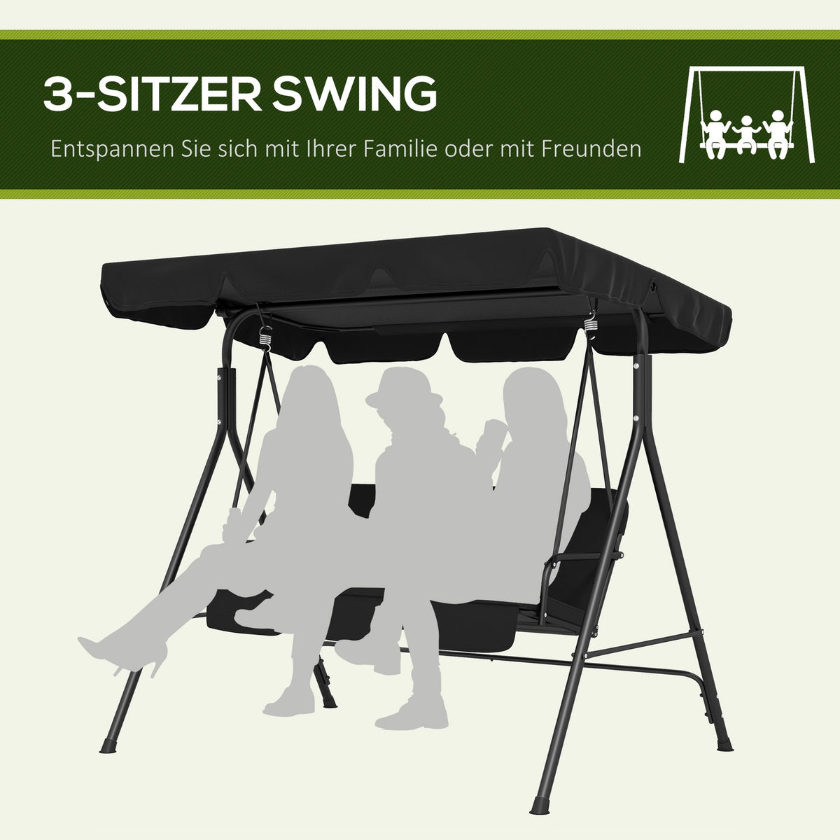 Hollywood Swing 3-Seater Garden Swing Bench With Adjustable Roof Steel Black 172 X 110 X 153 Cm