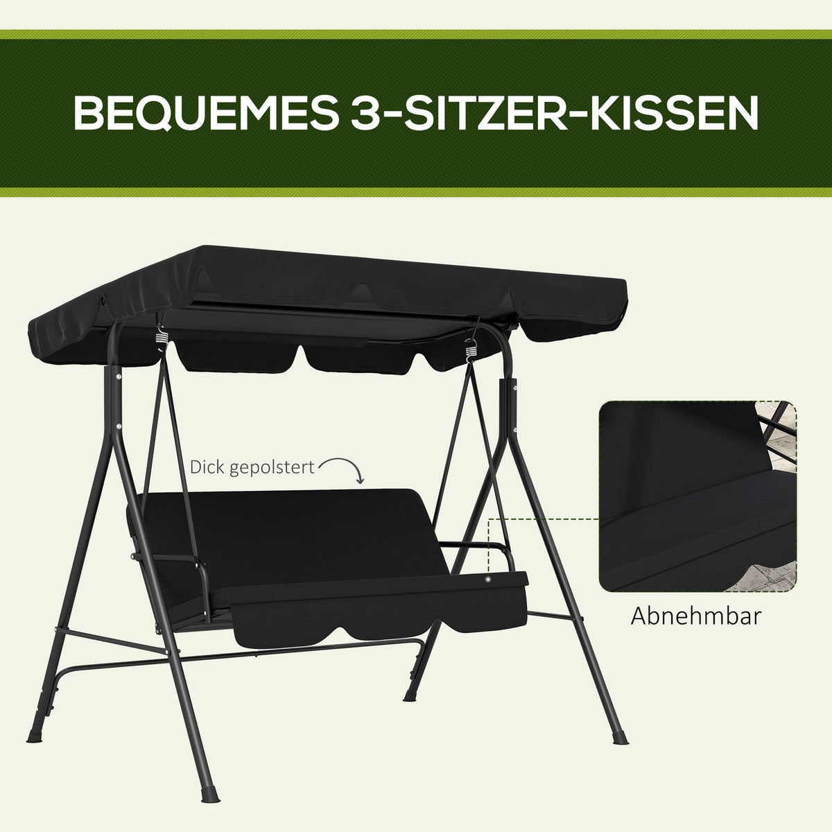 Hollywood Swing 3-Seater Garden Swing Bench With Adjustable Roof Steel Black 172 X 110 X 153 Cm