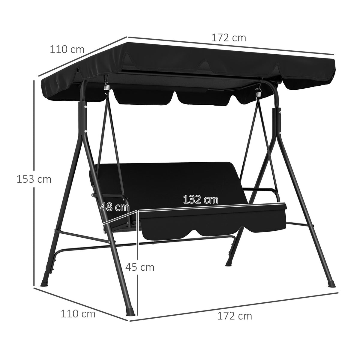 Hollywood Swing 3-Seater Garden Swing Bench With Adjustable Roof Steel Black 172 X 110 X 153 Cm