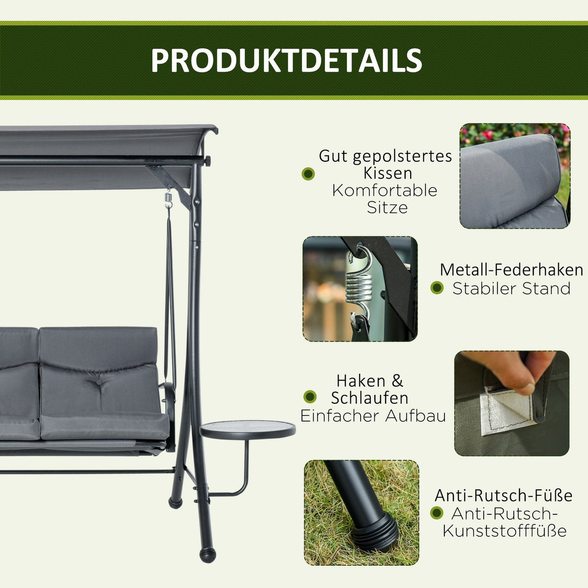 Hollywood Swing 3-Seater Garden Swing Bench With Adjustable Sun Canopy Tea Table Steel Polyester Gray + Black 271 X 125 X 177 Cm