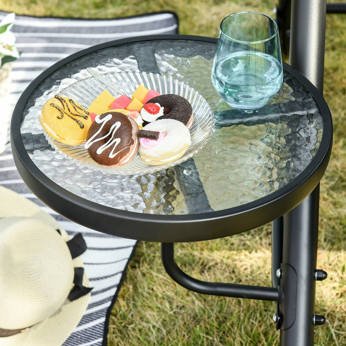 Hollywood Swing 3-Seater Garden Swing Bench With Adjustable Sun Canopy Tea Table Steel Polyester Gray + Black 271 X 125 X 177 Cm