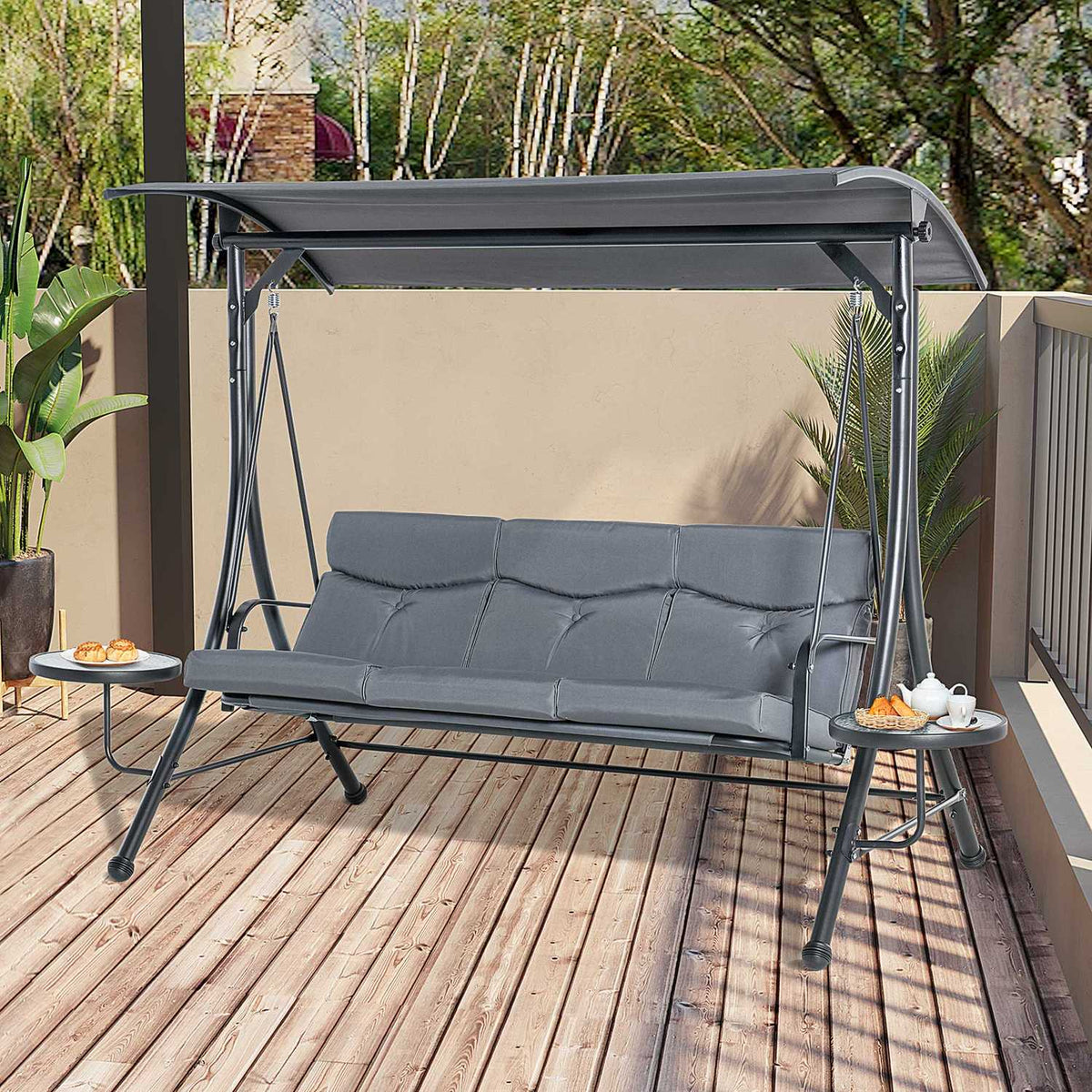 Hollywood Swing 3-Seater Garden Swing Bench With Adjustable Sun Canopy Tea Table Steel Polyester Gray + Black 271 X 125 X 177 Cm