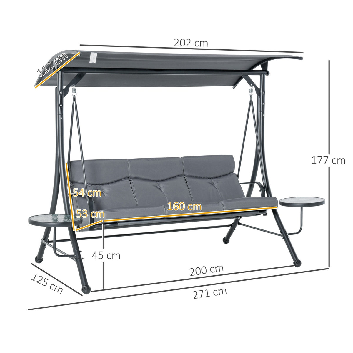 Hollywood Swing 3-Seater Garden Swing Bench With Adjustable Sun Canopy Tea Table Steel Polyester Gray + Black 271 X 125 X 177 Cm