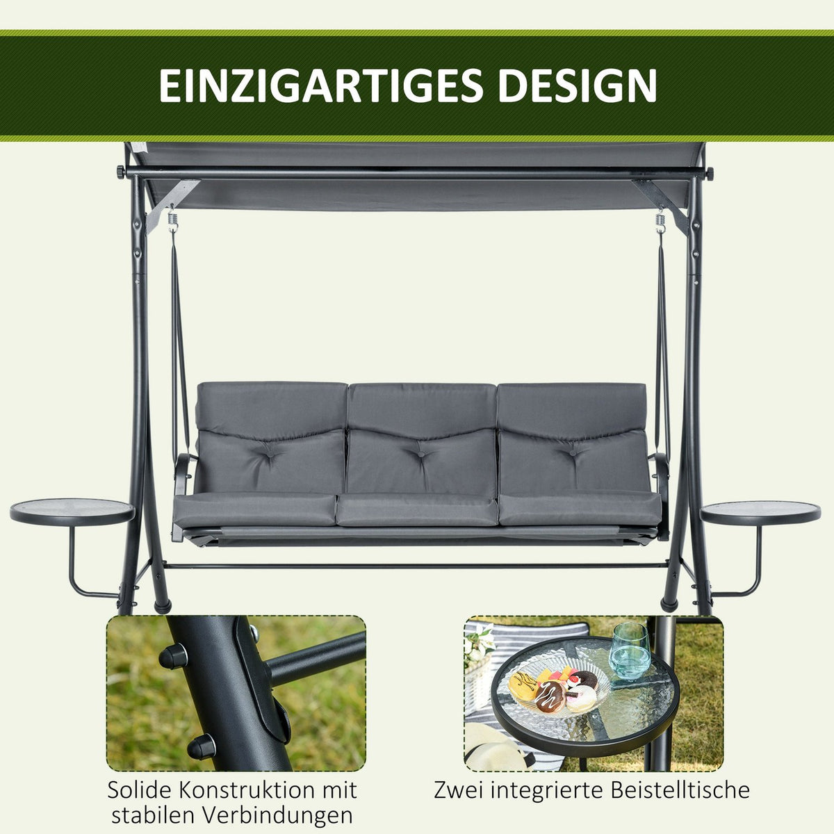 Hollywood Swing 3-Seater Garden Swing Bench With Adjustable Sun Canopy Tea Table Steel Polyester Gray + Black 271 X 125 X 177 Cm