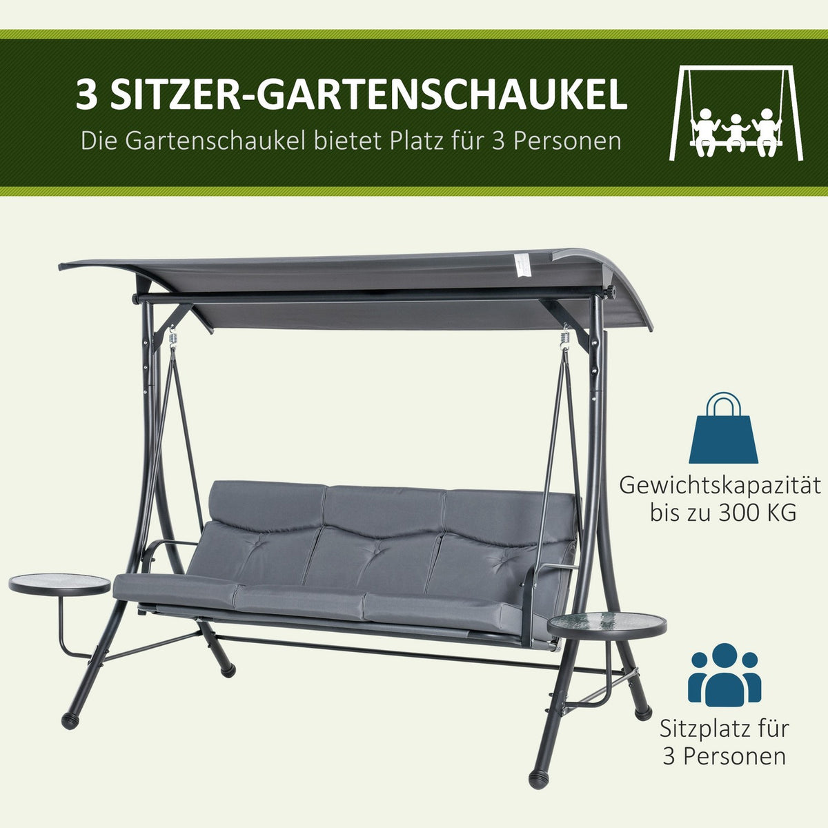 Hollywood Swing 3-Seater Garden Swing Bench With Adjustable Sun Canopy Tea Table Steel Polyester Gray + Black 271 X 125 X 177 Cm
