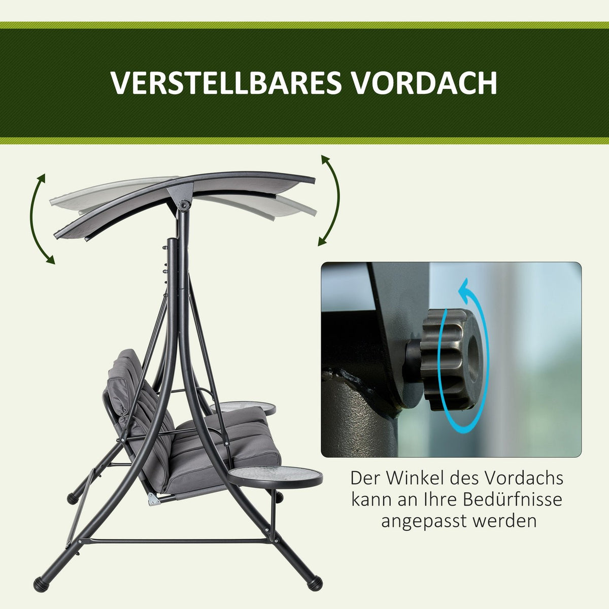 Hollywood Swing 3-Seater Garden Swing Bench With Adjustable Sun Canopy Tea Table Steel Polyester Gray + Black 271 X 125 X 177 Cm