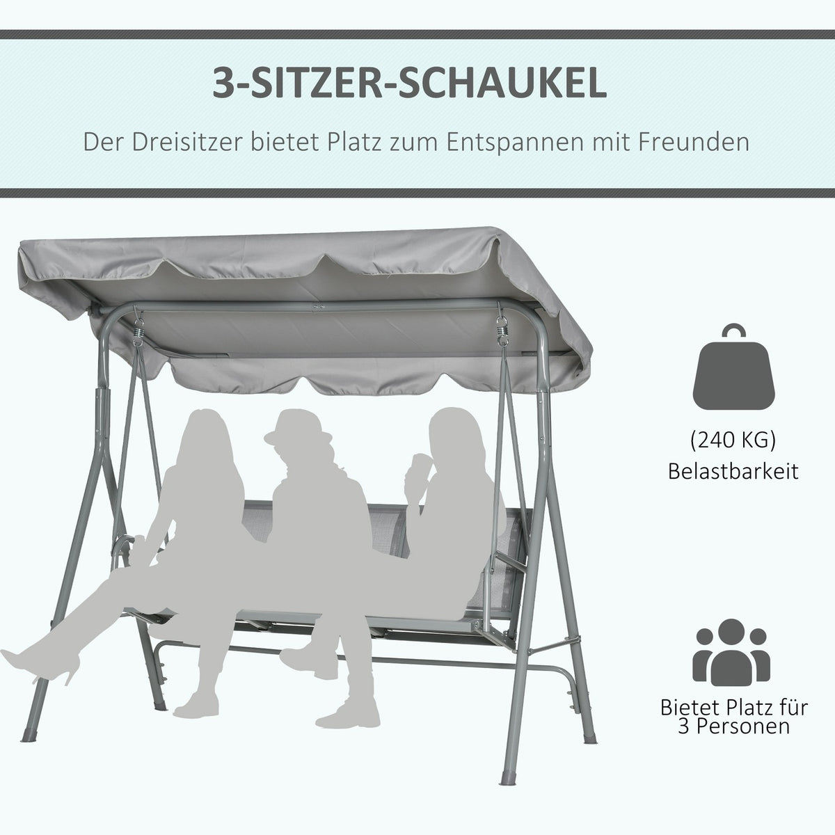 Hollywood Swing 3-Seater Garden Swing Bench With Roof Metal Gray + Silver 170 X 110 X 153 Cm
