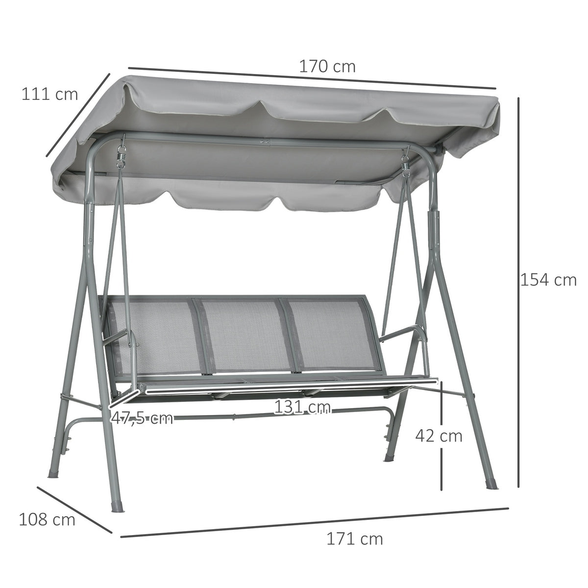 Hollywood Swing 3-Seater Garden Swing Bench With Roof Metal Gray + Silver 170 X 110 X 153 Cm
