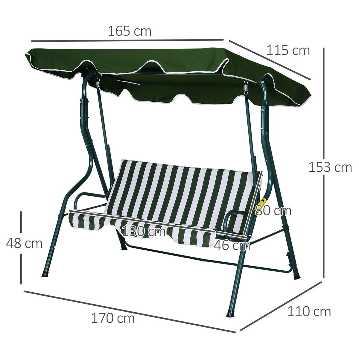 Hollywood Swing, 3-Seater Garden Swing, Swing Bench, Adjustable Sun Canopy, Metal Frame, Green 170 X 110 X 153 Cm