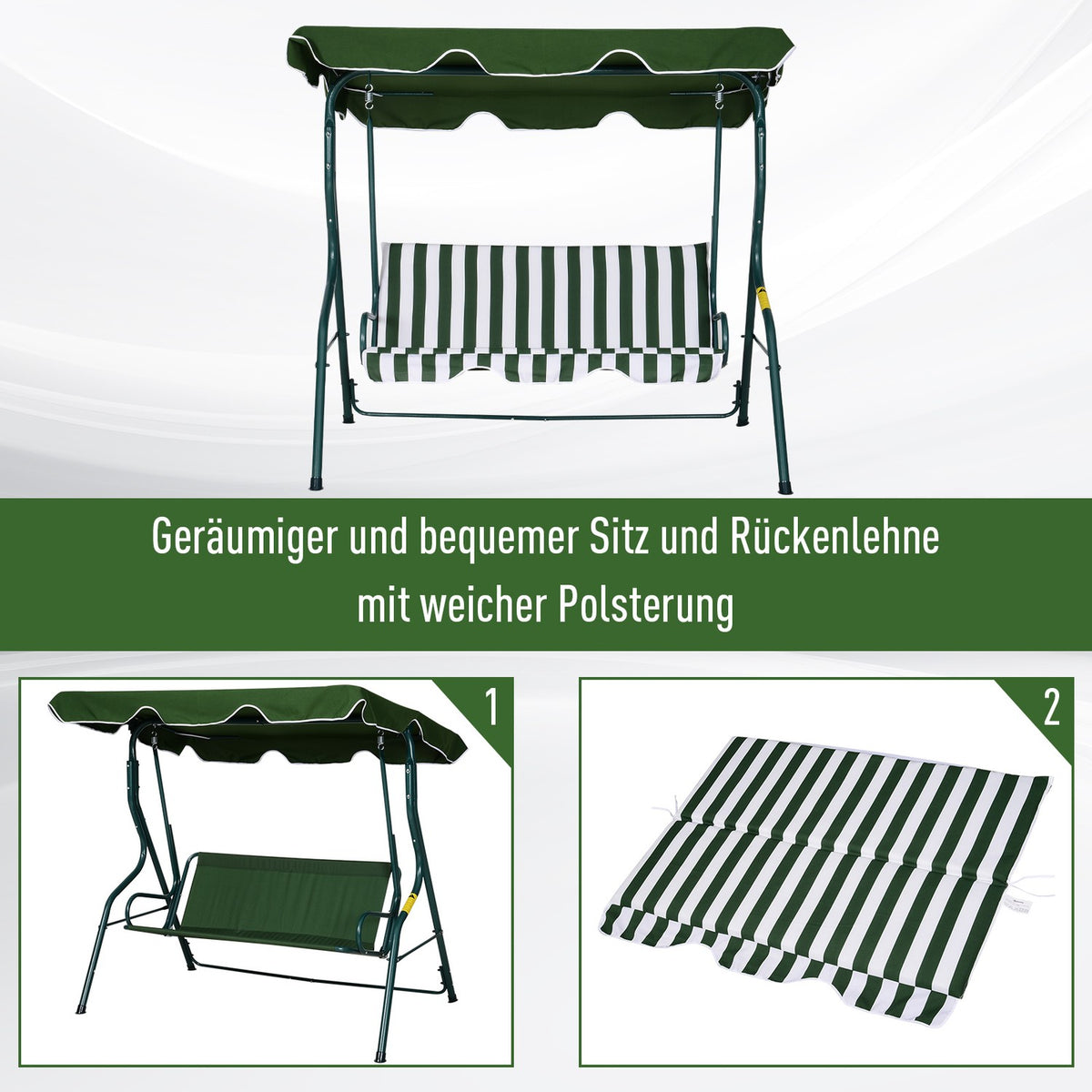 Hollywood Swing, 3-Seater Garden Swing, Swing Bench, Adjustable Sun Canopy, Metal Frame, Green 170 X 110 X 153 Cm