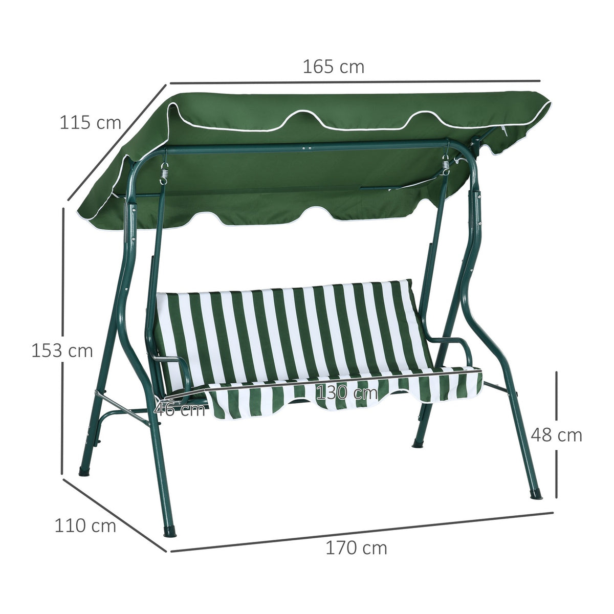 Hollywood Swing, 3-Seater Garden Swing, Swing Bench, Adjustable Sun Canopy, Steel Frame, Green 170 X 110 X 153 Cm