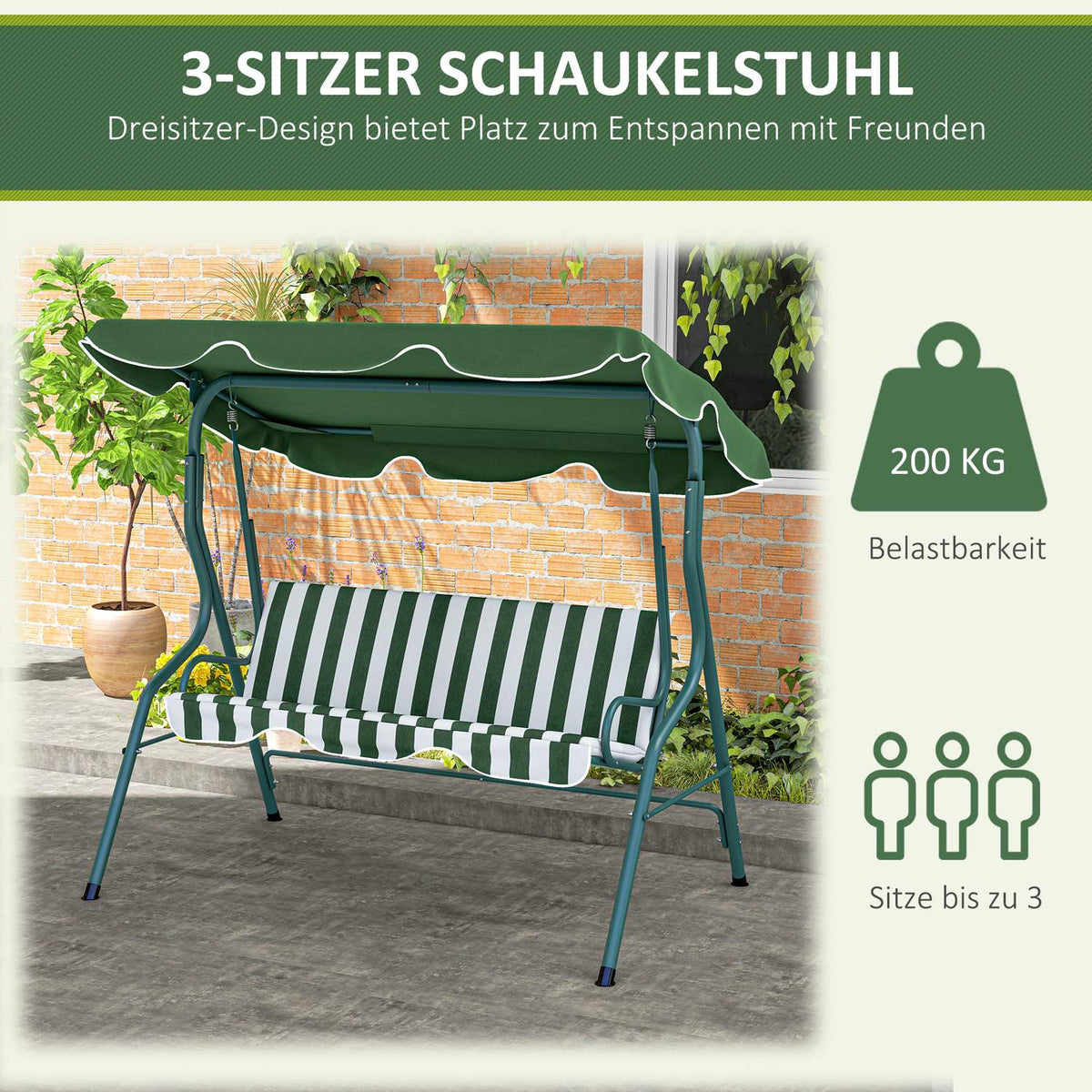 Hollywood Swing, 3-Seater Garden Swing, Swing Bench, Adjustable Sun Canopy, Steel Frame, Green 170 X 110 X 153 Cm