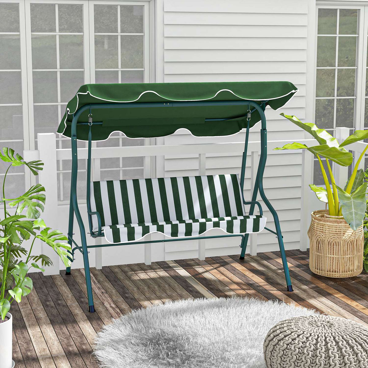 Hollywood Swing, 3-Seater Garden Swing, Swing Bench, Adjustable Sun Canopy, Steel Frame, Green 170 X 110 X 153 Cm