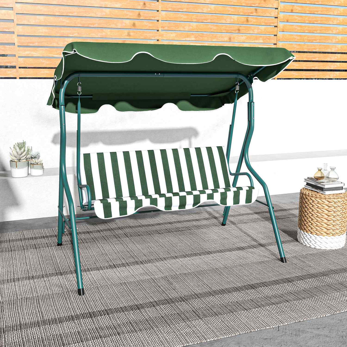 Hollywood Swing, 3-Seater Garden Swing, Swing Bench, Adjustable Sun Canopy, Steel Frame, Green 170 X 110 X 153 Cm