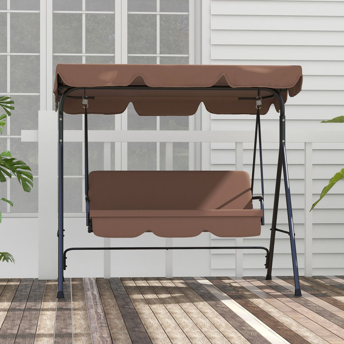 Hollywood Swing 3-Seater Garden Swing With Adjustable Roof, Water-Repellent Swing Bench, Load Capacity Up To 200 Kg, For Garden, Balcony, Mesh, Brown