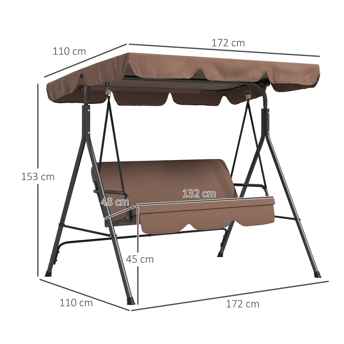 Hollywood Swing 3-Seater Garden Swing With Adjustable Roof, Water-Repellent Swing Bench, Load Capacity Up To 200 Kg, For Garden, Balcony, Mesh, Brown