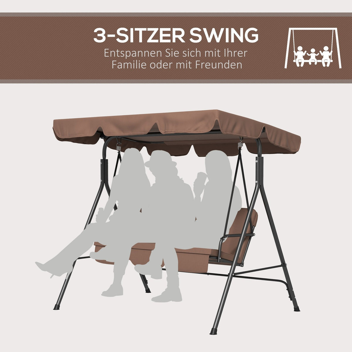Hollywood Swing 3-Seater Garden Swing With Adjustable Roof, Water-Repellent Swing Bench, Load Capacity Up To 200 Kg, For Garden, Balcony, Mesh, Brown