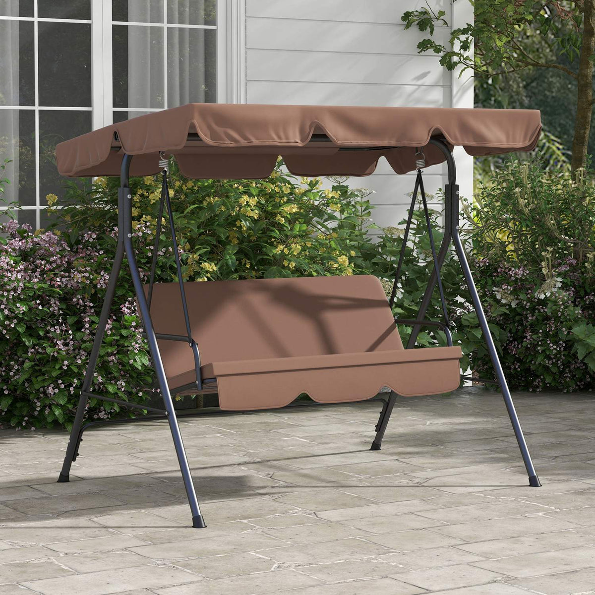 Hollywood Swing 3-Seater Garden Swing With Adjustable Roof, Water-Repellent Swing Bench, Load Capacity Up To 200 Kg, For Garden, Balcony, Mesh, Brown