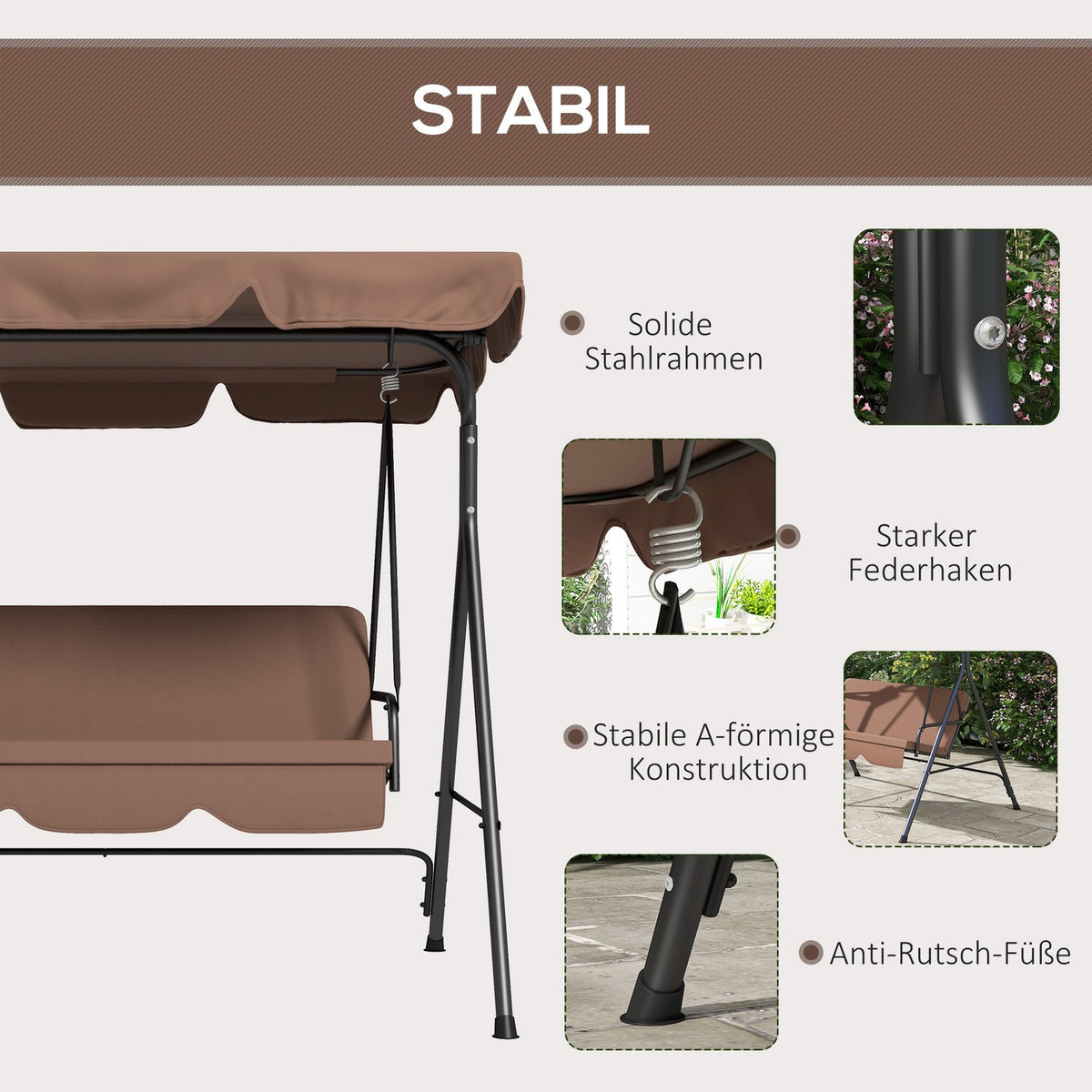 Hollywood Swing 3-Seater Garden Swing With Adjustable Roof, Water-Repellent Swing Bench, Load Capacity Up To 200 Kg, For Garden, Balcony, Mesh, Brown