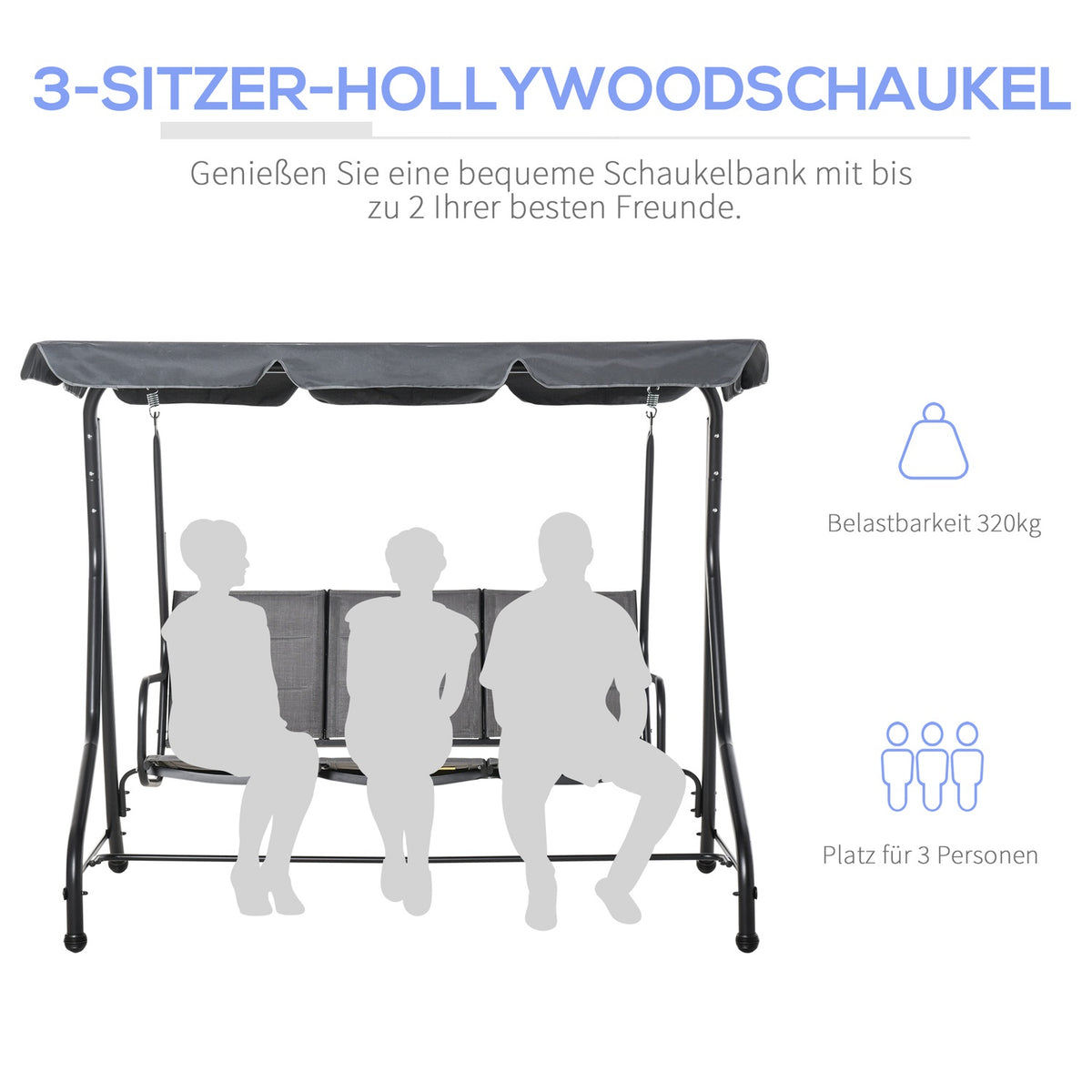 Hollywood Swing 3-Seater Garden Swing With Adjustable Sun Canopy, Steel & Polyester, Grey, 205X118X170Cm
