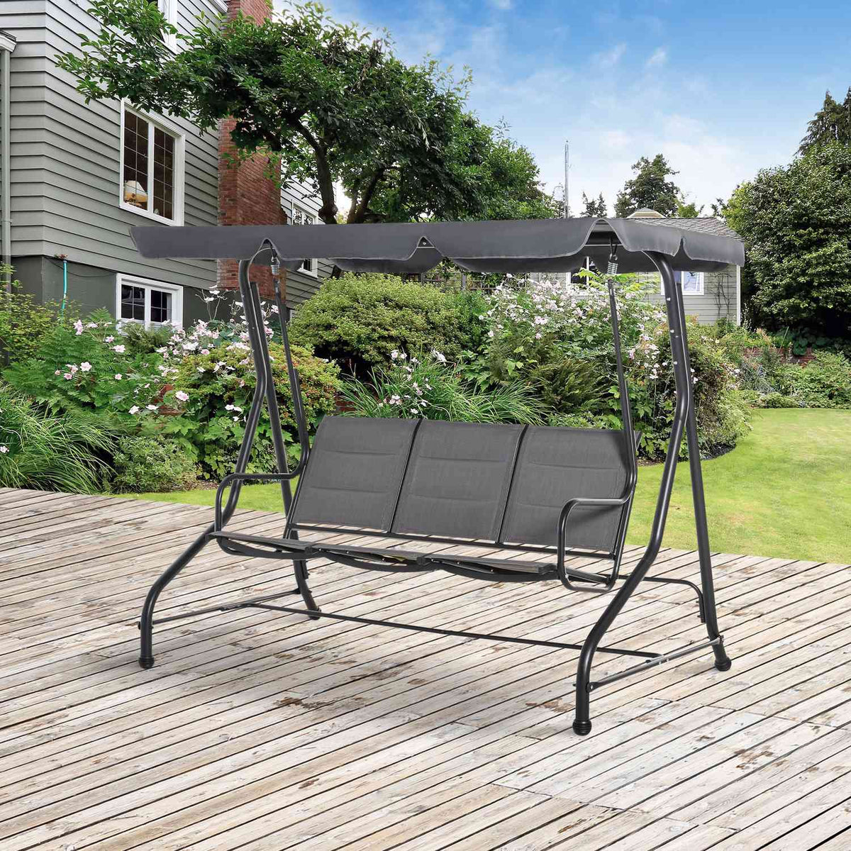 Hollywood Swing 3-Seater Garden Swing With Adjustable Sun Canopy, Steel & Polyester, Grey, 205X118X170Cm
