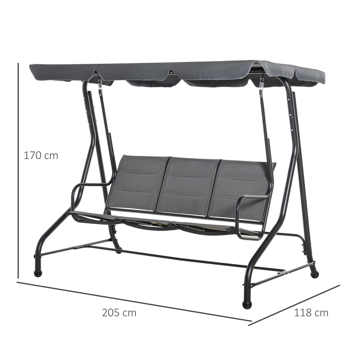 Hollywood Swing 3-Seater Garden Swing With Adjustable Sun Canopy, Steel & Polyester, Grey, 205X118X170Cm