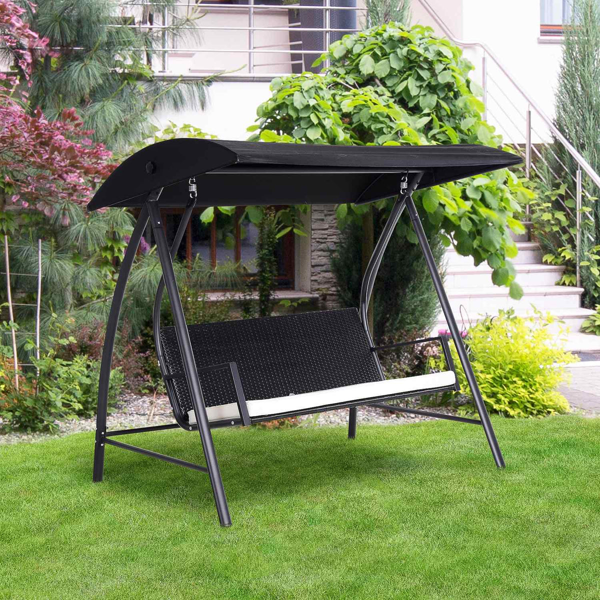 Hollywood Swing 3-Seater Garden Swing With Roof Made Of Polyrattan + Metal, Black, 198 X 124 X 179 Cm
