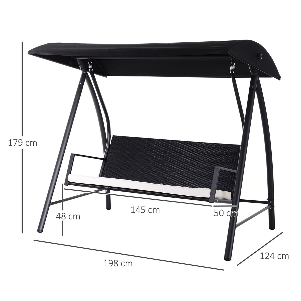 Hollywood Swing 3-Seater Garden Swing With Roof Made Of Polyrattan + Metal, Black, 198 X 124 X 179 Cm