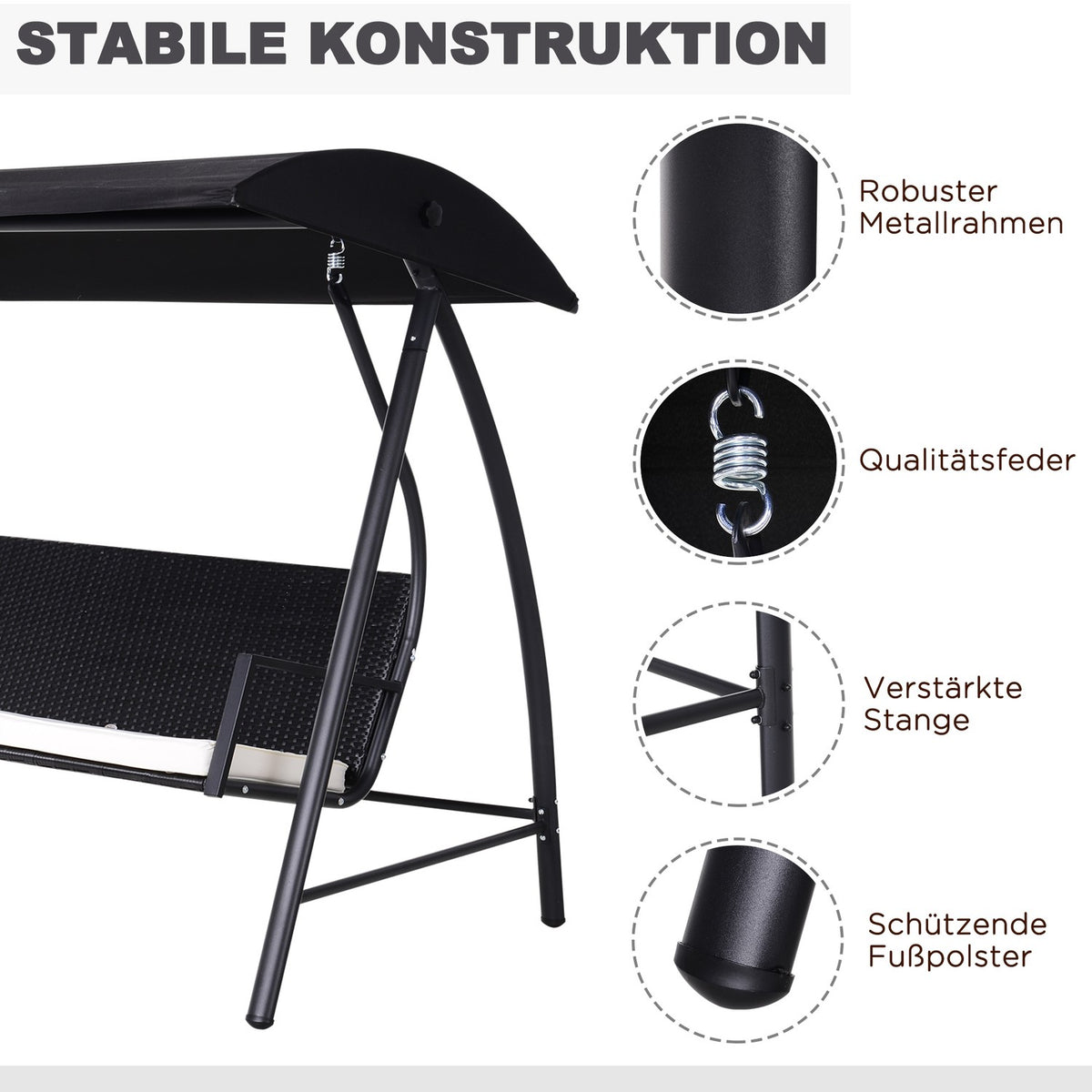 Hollywood Swing 3-Seater Garden Swing With Roof Made Of Polyrattan + Metal, Black, 198 X 124 X 179 Cm