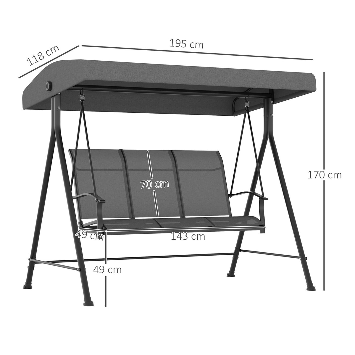 Hollywood Swing 3-Seater Garden Swing with Adjustable Roof Holds up to 240 kg Metal Textline Dark Gray 195 x 118 x 170 cm