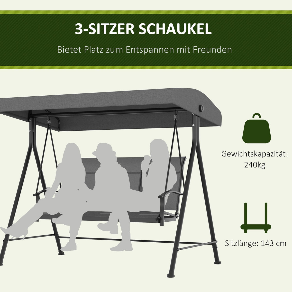 Hollywood Swing 3-Seater Garden Swing with Adjustable Roof Holds up to 240 kg Metal Textline Dark Gray 195 x 118 x 170 cm