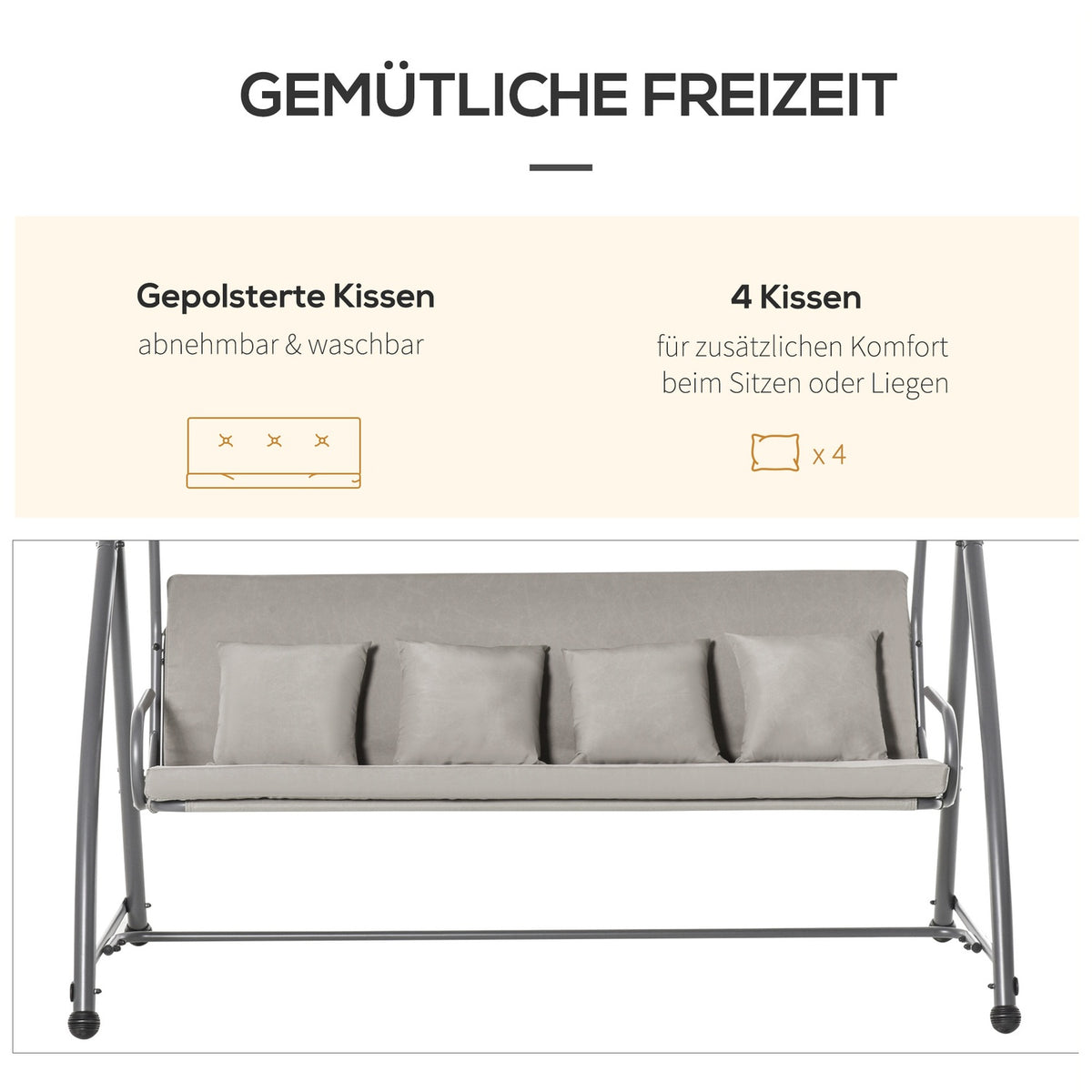 Hollywood Swing 3-Seater Luxury Hanging Bench With Adjustable Roof & Reclining Function, Polyester, Brown, 215X120X165Cm